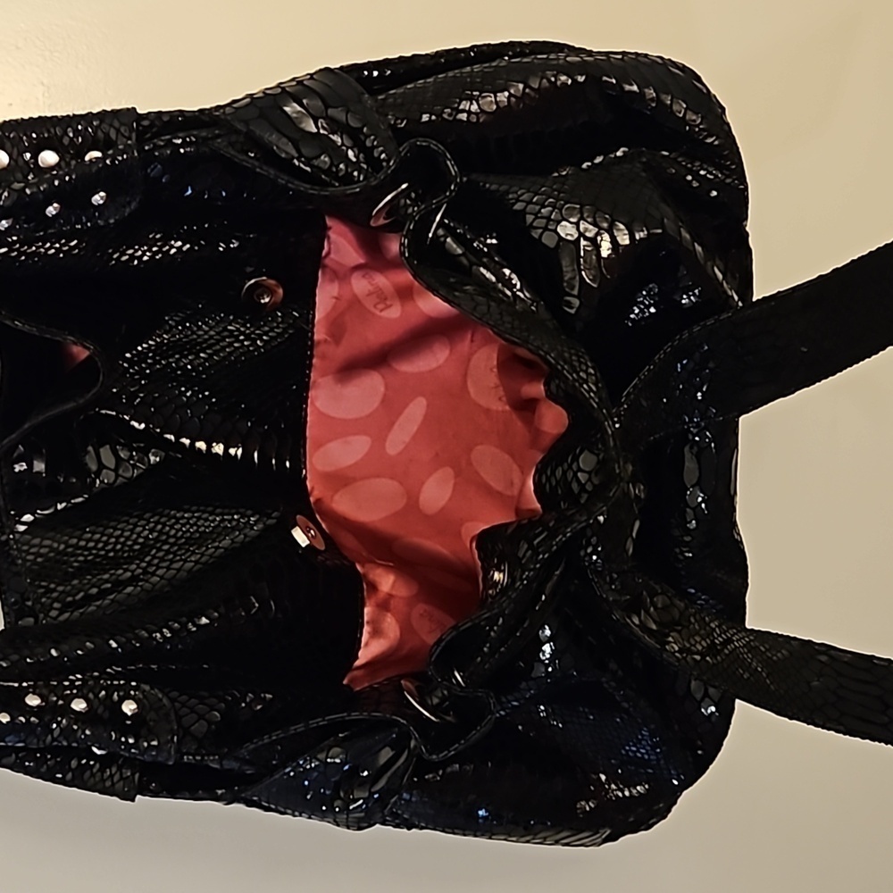 Perlina Large Black Leather Python Snakeskin Bow … - image 8